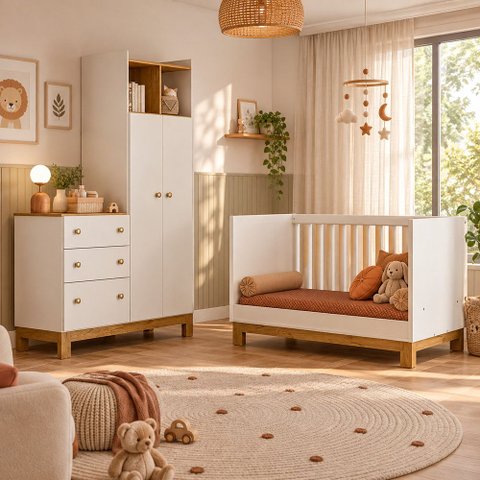 Kit Quarto de Bebê Flora Guarda Roupa Cômoda Berço Mini Cama Colchão 130x70 D18 Qmovi