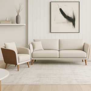 Conjunto Sofá Living Confortável 2,00m e Poltrona Tecido Composê Linho Cru e Marrom Terracota