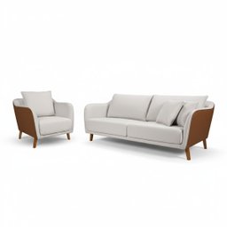 Conjunto Sofá Living Confortável 2,00m e Poltrona Tecido Composê Linho Cru e Marrom Terracota - 1