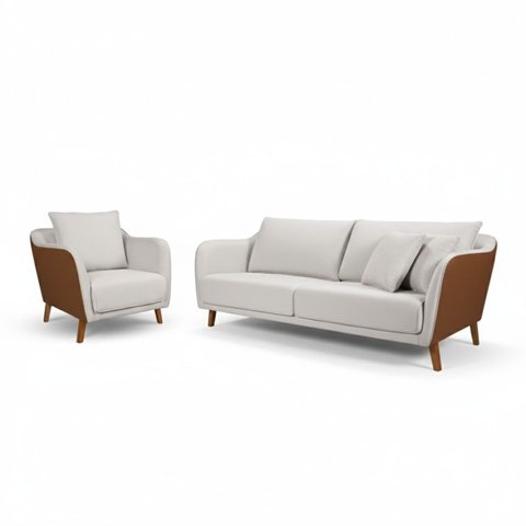 Conjunto Sofá Living Confortável 2,00m e Poltrona Tecido Composê Linho Cru e Marrom Terracota