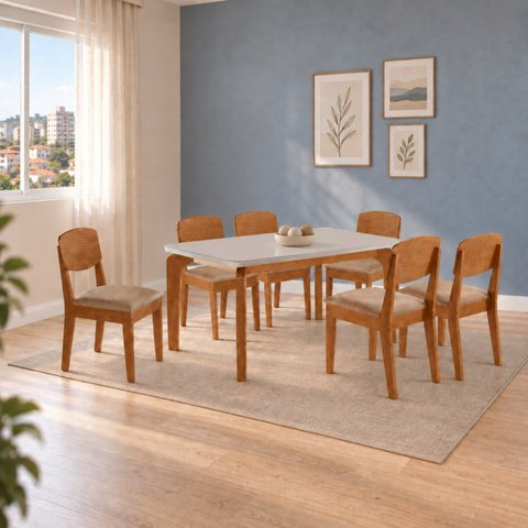 Conjunto de Mesa de Jantar Dublin 180 Tp MDF Vidro Canto Copo 6 Cadeiras Cleo