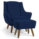 Ver imagem 1 de Poltrona Decorativa com Puff Sala de Estar Pés de Madeira Naomi Veludo Azul Oxford - Gran Belo