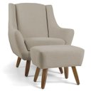Ver imagem 1 de Poltrona Decorativa com Puff Sala de Estar Pés de Madeira Naomi Algodão Poliéster Bege - Gran