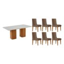 Ver imagem 1 de Conjunto: Mesa de Cozinha Maldivas C/ Tampo Madeirado C/ Vidro Canto Curvo 180x90cm e 6 Cadeiras