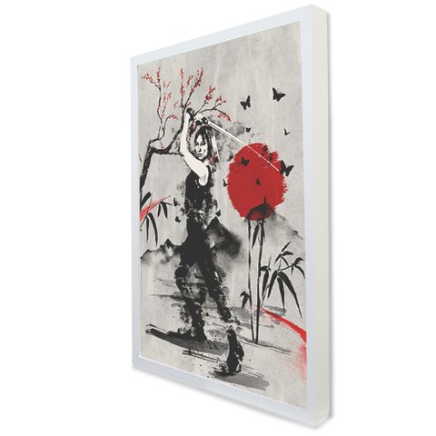 Quadro Decorativo Caixa Mulher Samurai  Tacolado Moldura Caixa Alta 4,5cm Madeira sem Vidro 60 X 90c