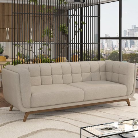 Sofá 03 Lugares para Sala de Estar Pés em Madeira 240cm Florian M03 Linho Cru - Lyam Decor