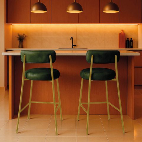 Banqueta Cozinha Alta com Encosto Industrial Dourado Kit 2 Londres Pu D03 - D'Rossi