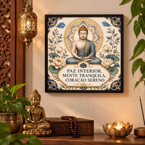 Quadro Buda Paz Interior 33x33cm Mold Preta Vidro