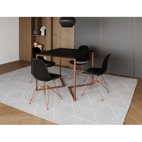 Mesa Industrial Base Ferro Cobre em V Tampo 90x90 Preto 4 Cadeiras Eames Ferro Assento Preto