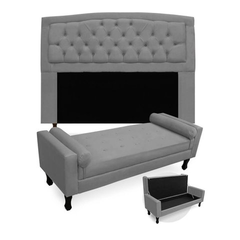 Kit Cabeceira Geovana + Calçadeira Baú Felix Queen Size 160cm Suede:cinza