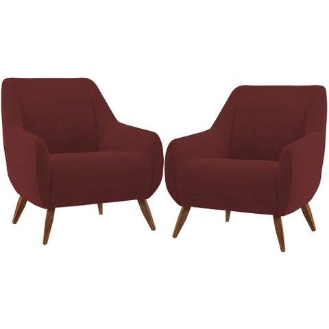 Kit 02 Poltronas Decorativa Fixa Pés de Madeira Paloma D02 Veludo Marsala C-278 - Lyam Decor