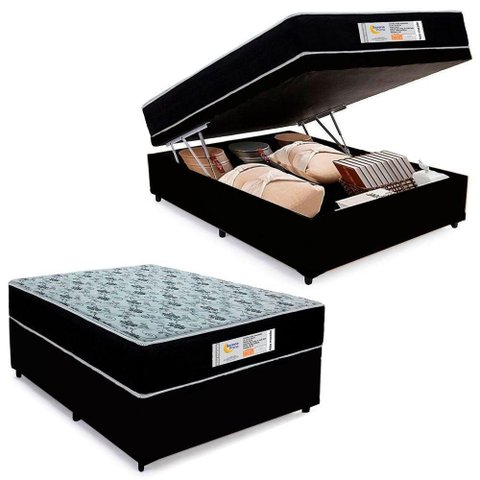 Cama Box Baú Casal Sintético + Colchão Molas Ensacadas Sereneprime Sonnolux 13cm Preto - Suporta