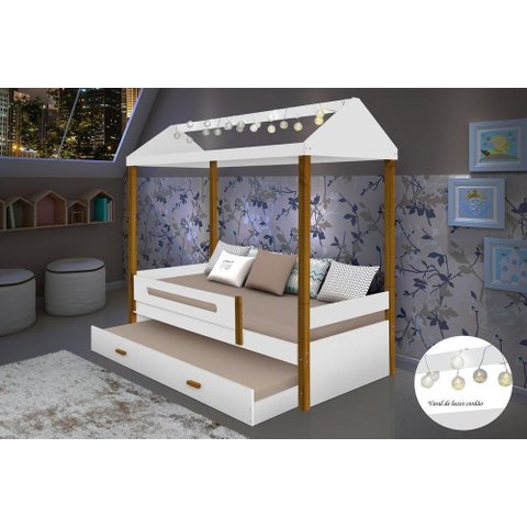 Cama Casa Sara Branca com Cordão de Luzes Led e Cama Auxiliar