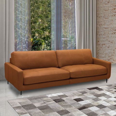 Sofá Decorativo Isaac 3 Lugares Sala de Estar 210cm Pés em Aço Couro Conhaque G88 - Gran Belo