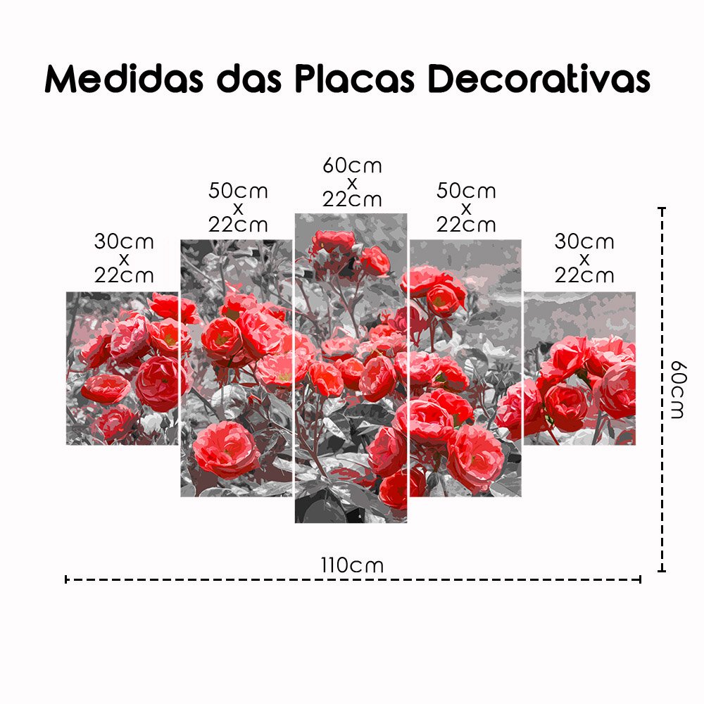 Kit 5 Placa Quadro Decorativo Quarto Sala Flores Vermelha Arte na Arte Kit 5 Placa Decorativo Sala F - 3