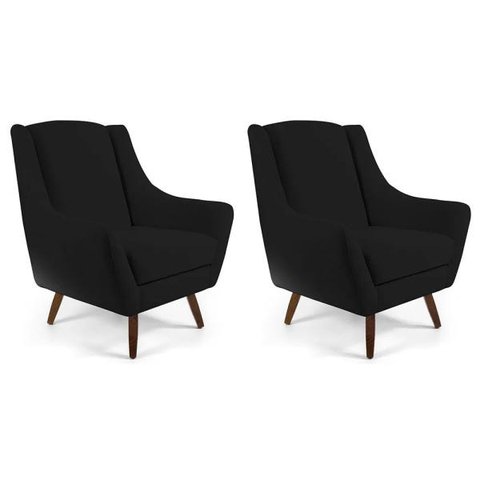 Kit 2 Poltronas Decorativas Pés de Madeira Naomi Veludo Preto - Gran Belo