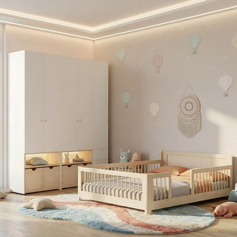 Guarda-Roupa Modulado e Cama Casal Montessoriano Infantil Wave Casatema MadeiraOriginals Branco/Marrom