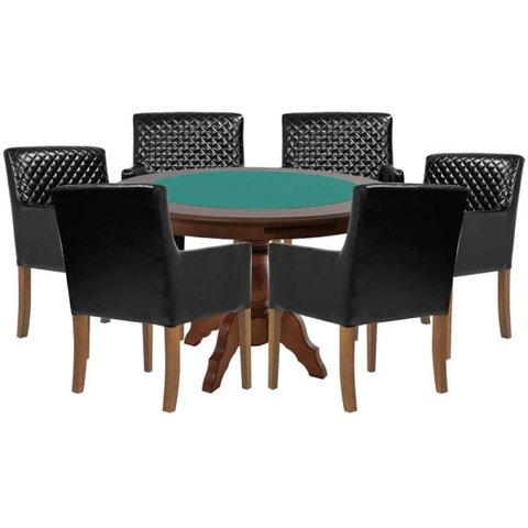 Mesa de Jogos Carteado Redonda Montreal Tampo Reversível Imbuia com 6 Cadeiras Liverpool Corino