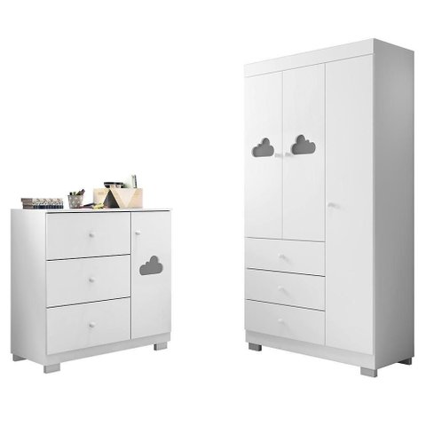 Jogo de Quarto Infantil Ane com Guarda Roupa 3 Portas e Cômoda Branco - Phoenix Baby Branco