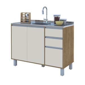 Balcão Cozinha Gabinete Pia 120 Premium com Tampo Removível:freijó/ Off White