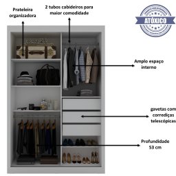 Guarda Roupa Solteiro Grande com Espelho 2 Portas 3 Gavetas Royale Gelius Mdf - 2
