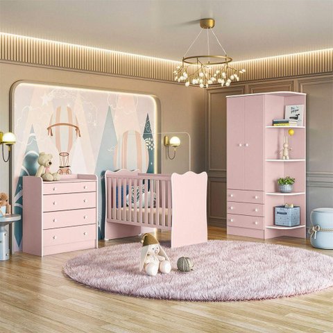 Quarto Infantil Doce Sonho 2 Portas 3 Gavetas MDP Tamanho 120cm Rosa Qmovi