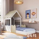 Ver imagem 1 de Cama Infantil Montessoriana C/ Proteção 108cm Estilo Casinha Cor:branco com Carvalho Araguaia