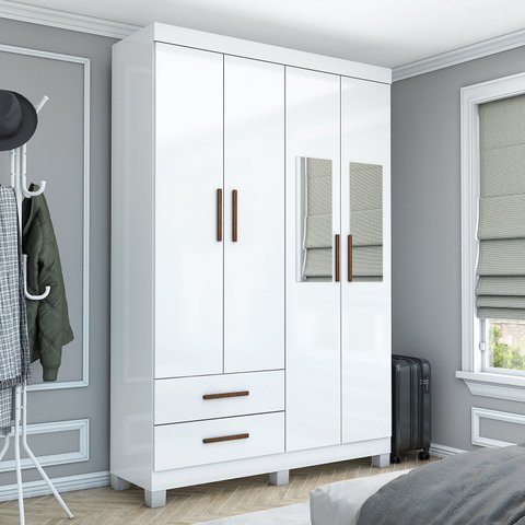 Guarda-Roupa 4 Portas 2 Gavetas com Espelho e Pés Genova Branco
