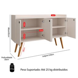 Aparador Buffet Dallas Pés Palito Retrô 4 Portas Decoração Sala Jantar Cantinho Café - Off White - 6