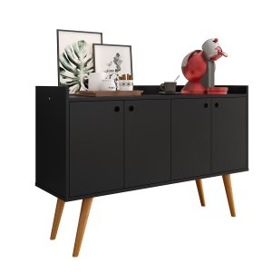 Aparador Buffet Dallas Pés Palito Retrô 4 Portas Decoração Sala Jantar Cantinho Café - Preto - Rpm