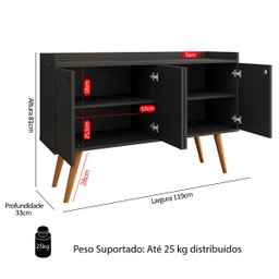 Aparador Buffet Dallas Pés Palito Retrô 4 Portas Decoração Sala Jantar Cantinho Café - Preto - Rpm - 6