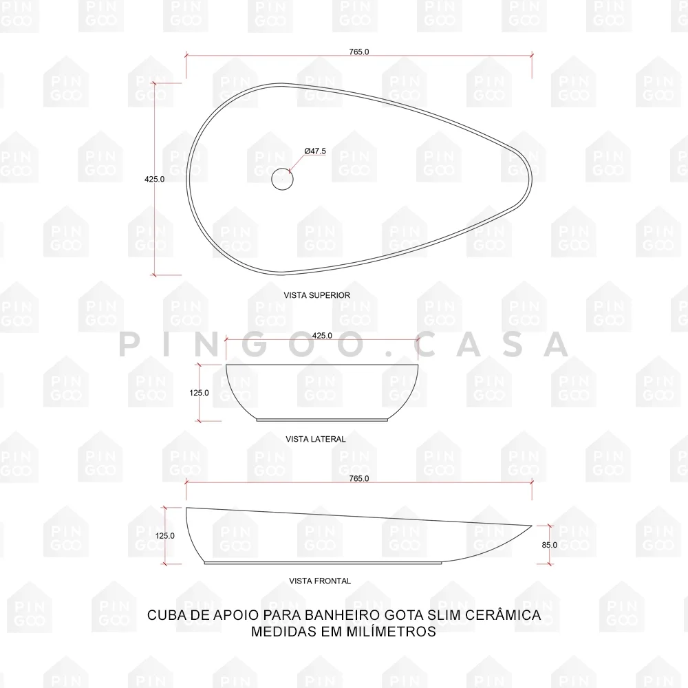 Cuba de Apoio para Banheiro Gota Slim Louça Cerâmica 76,5 Cm Pingoo.casa - Branco - 7