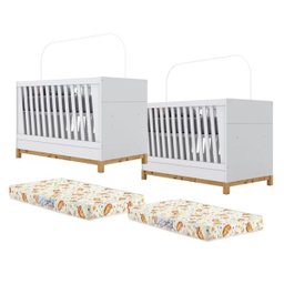 Kit 02 Berços Gemeos 100% MDF Alegria I21 com Colchões Branco Hp Henn - 1