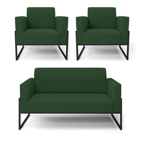 Sofá Namoradeira com 2 Poltronas Base Industrial Alta Preto Marisa Veludo Verde D03 - D\'rossi