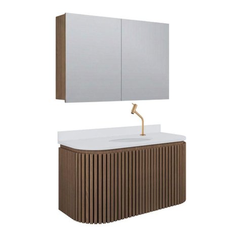 Conjunto Gabinete para Banheiro Emma 2 Portas MDF 15mm 100cm Amadeirado Venturi com Espelheira