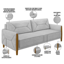 Kit Sofá 02 Lugares Sala Estar 165cm Com 02 Poltronas Berilo Pés Madeira M03 Veludo Cinza - Lyam - 5 Kit Sofá 02 Lugares Sala Estar 165cm Com 02 Poltronas Berilo Pés Madeira M03 Veludo Cinza - Lyam - 5
