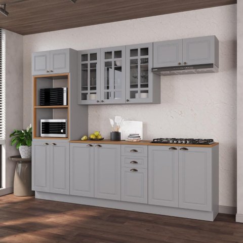 Armário de Cozinha Modulada Completa Fidelitá Nara 100% MDF 5 Peças 270cm 14 Portas 2 Gavetas com