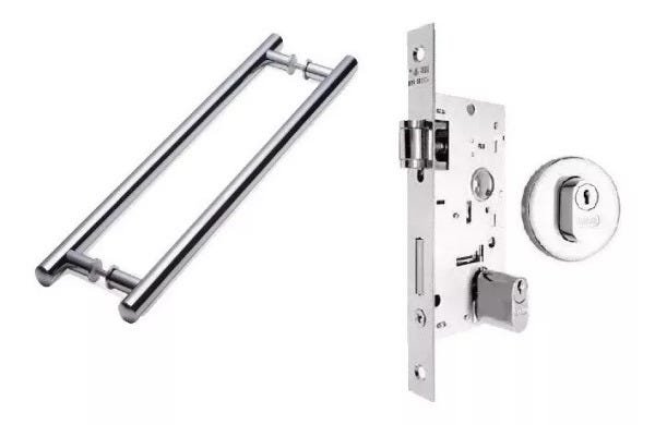 Kit P/ Porta Pivotante, Puxador Tubo + Fechadura Rolete - 70 CM