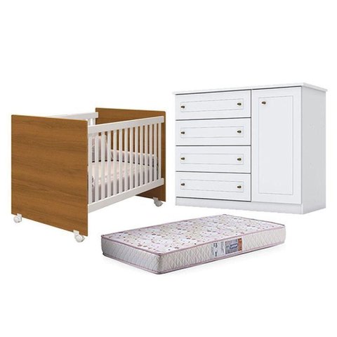 Kit Berço Nacional Mel Savana MDF Colchão Gazin Incluso Branco e Cômoda Infantil HP Móveis Henn