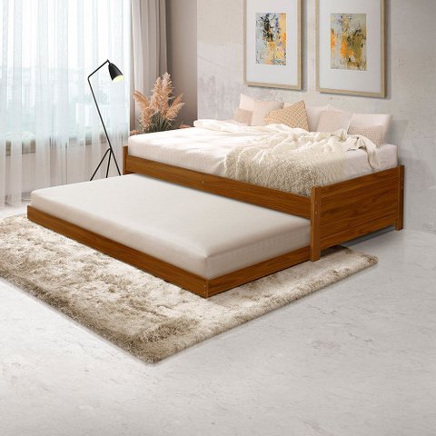 Cama Solteiro com Auxiliar Bibox Bicama Gabrieli com 2 Colchões Inclusos Madeira Maciça Castanho