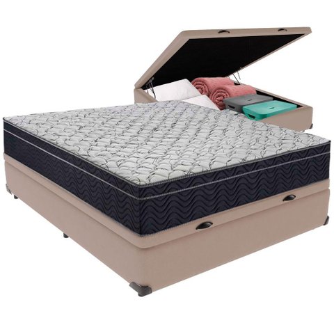 Cama Box Baú e Colchão Airtech 150 Espuma D45 Viúvo Ortobom Viúvo Bege