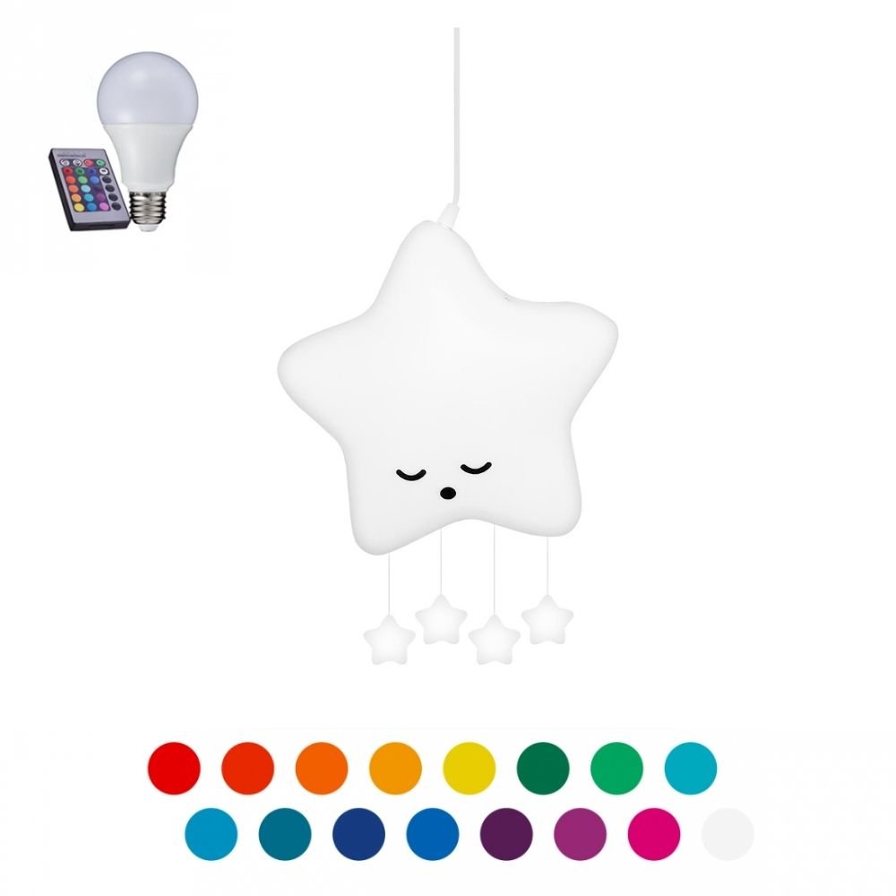 Ver imagem 1 de Luminária Pendente Teto Móbile Quarto Bebê Decorfun Estrela Branca com Lâmpada Led Rgb Colorida