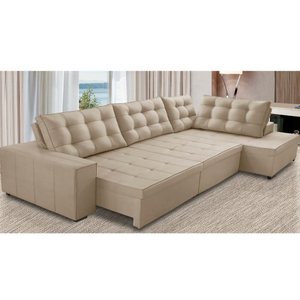 Sofá de Canto Retrátil e Reclinável com Molas 3,00x2,00 Berlim Suede Bege Mirra Decor