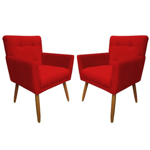 Kit 2 Poltronas Decorativa Onix Suede Vermelho Pés Madeira Mz Decor