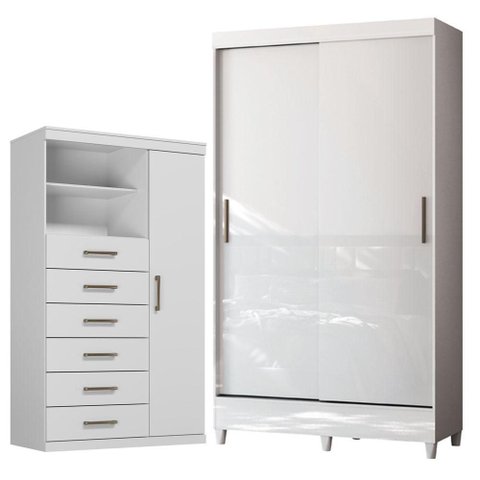 Guarda Roupa Solteiro 2 Portas de Correr com Pés e Cômoda Marabá Branco Brilho - Santos Andirá