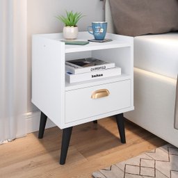 Kit 2 Mesas de Cabeceira Decorativa Quarto Criado 1 Gaveta Puxador Concha Retrô Estilo - Branco - 2