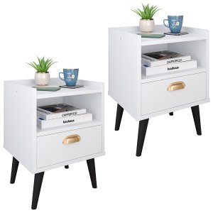 Kit 2 Mesas de Cabeceira Decorativa Quarto Criado 1 Gaveta Puxador Concha Retrô Estilo - Branco