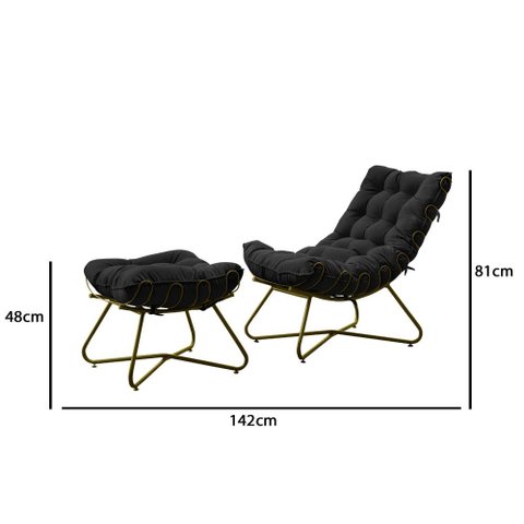 Poltrona Costela com Puff Eva Base Metal Dourado- Veludo Preto