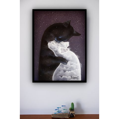 Quadro Decorativo Casal Gatos Galáxia e Nuvem - 70x50cm:moldura Preta