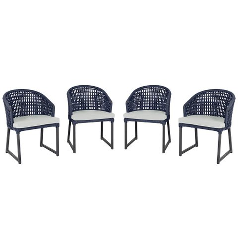 4 Cadeira Noronha Aluminio Micro Pintura Preta, Tr. Telinha Corda Nautica Azul Marinho, Estofado -
